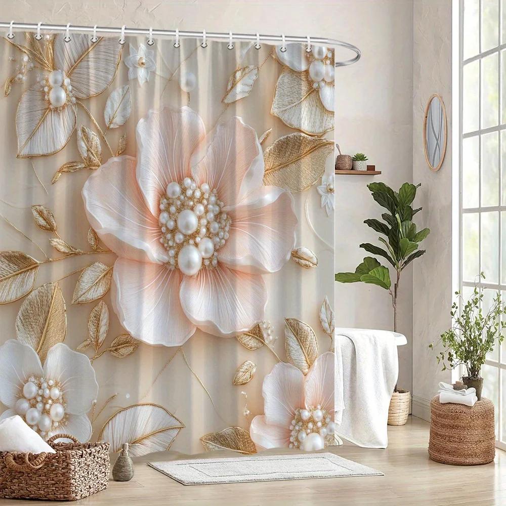 Elegant Pale Pink Flower & Pearl Shower Curtain, Golden Leaves, Luxurious Floral Design,Soft Beige Gradient Background,Polyester