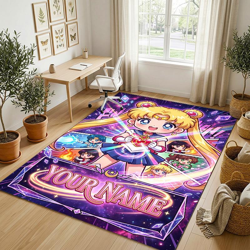 Personalized Crystal Velvet Carpet,Sailor Moon Custom Printed Name, Plush Area Rug For Home Indoor Decor