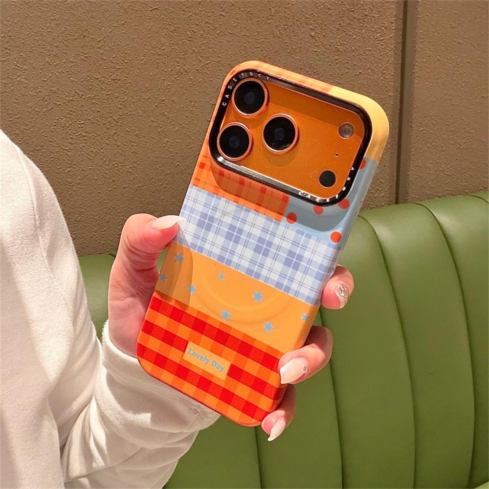 Korean Plaid Pattern Stripes Magnetic Phone Case For iPhone 17 Pro 16 15 14 Pro Max Cover with Cute Button Stand Hard Cases Fund