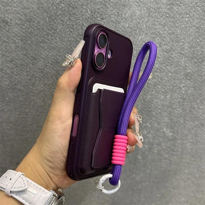 Moda Cüzdan Kredi Kartı Yuvası Arkasında Kordonlu Kapak iPhone 17 Air 13 Pro Max 12 11 Xr 14 15 16 Pro Max İçin PU Deri Kılıf
