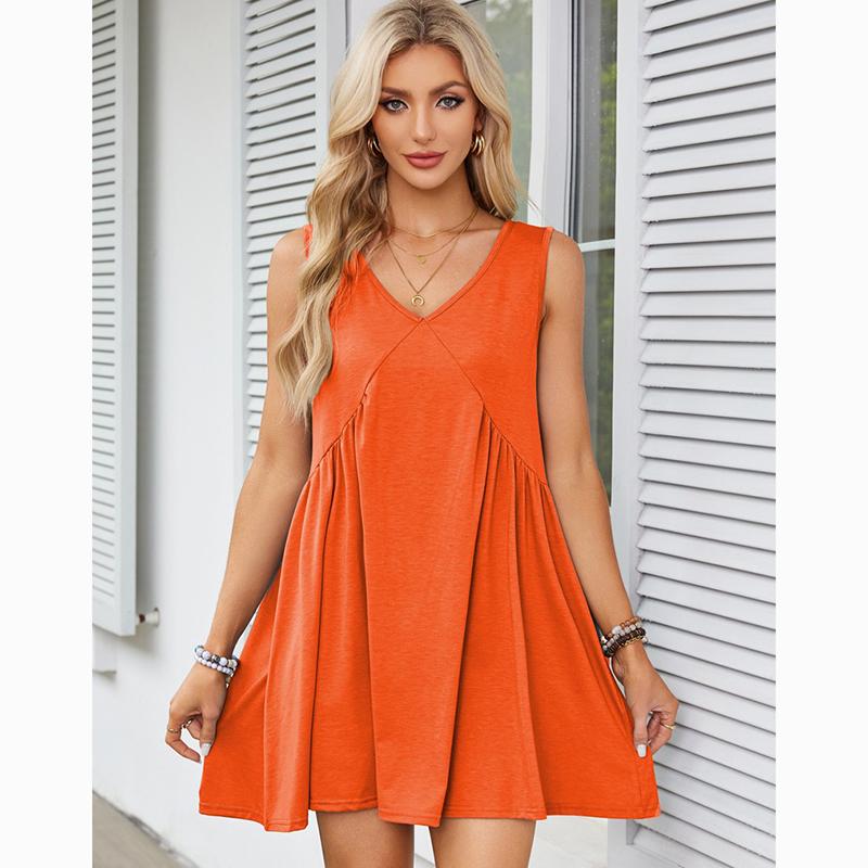 Fashion V-neck Sleeveless Summer Dress Women Loose Pleated Casual Party Short Dress Office Lady Solid Vintage Elegant Sexy Dresses 1043