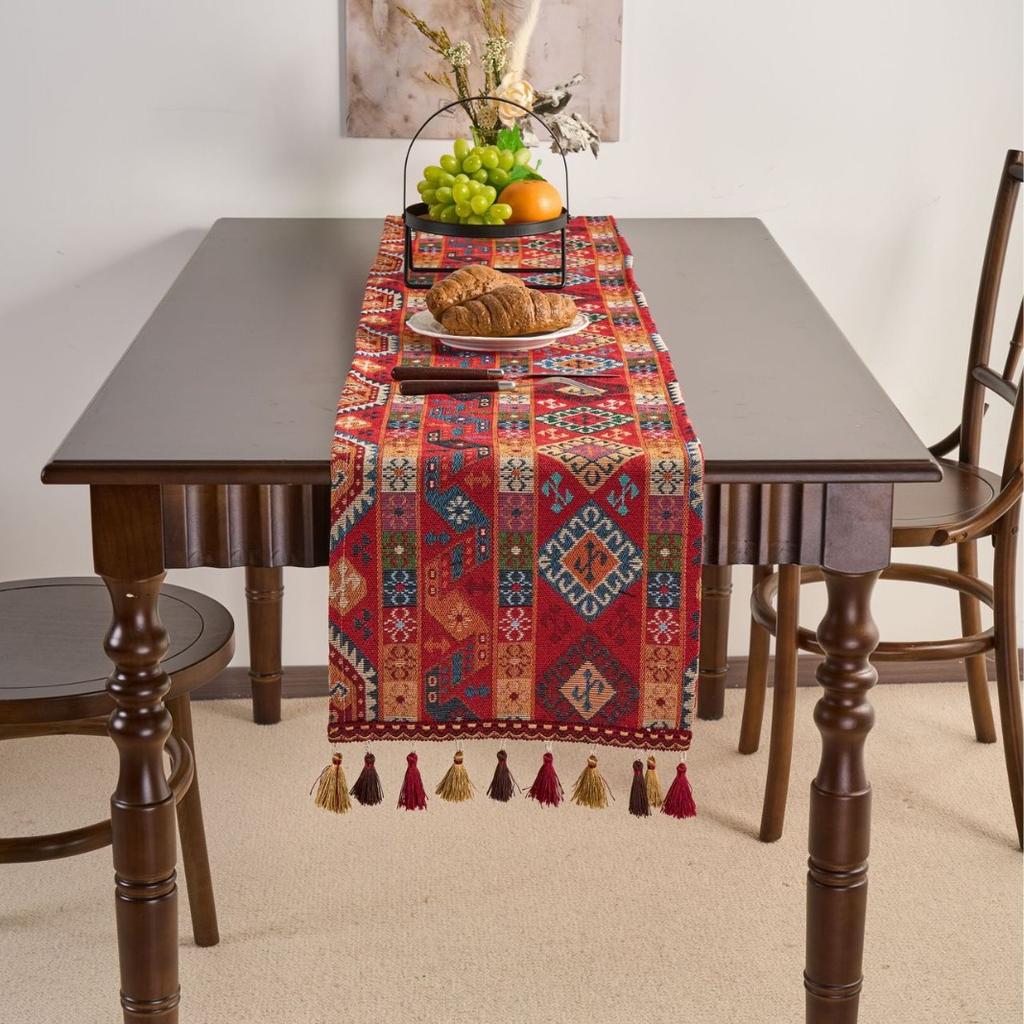 Table Flag Red Jacquard Tea Flag Fringed Ethnic Style Geometric Tv Cabinet Coffee Table Long Cover Decoration