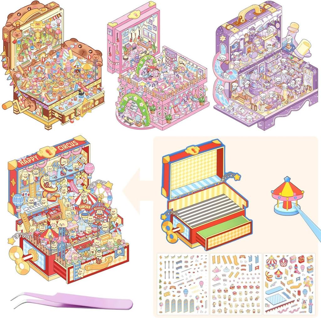 Set of 4 3D Cartoon Scene Miniature Stickers and Make Your Own Home Sticker Kit for Adults and Fun Room Stress Relief Pins, Kids, Decor, (Style 1)