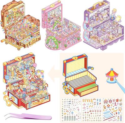 Set of 4 3D Cartoon Scene Miniature Stickers and Make Your Own Home Sticker Kit for Adults and Fun Room Stress Relief Pins, Kids, Decor, (Style 1)
