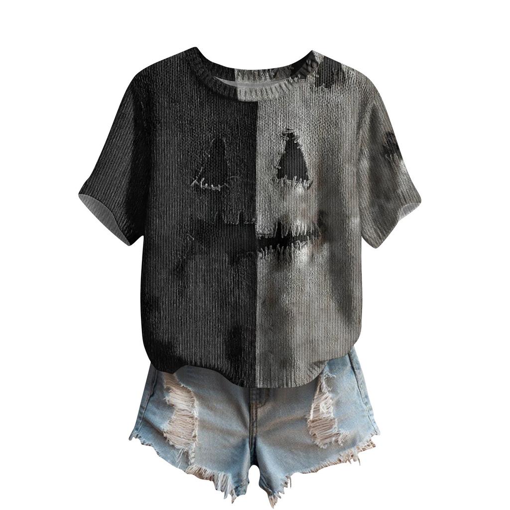 Women's Cute Sweater Knitted Fashion Casual Round-neck Short-sleeved  Cozy Print Top
