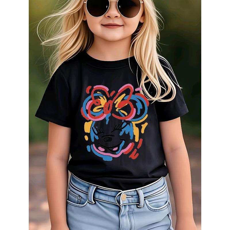 

European Size Girls Round Neck Short Sleeved T Shirt with Cartoon Animal Letter Print 98cm чёрный