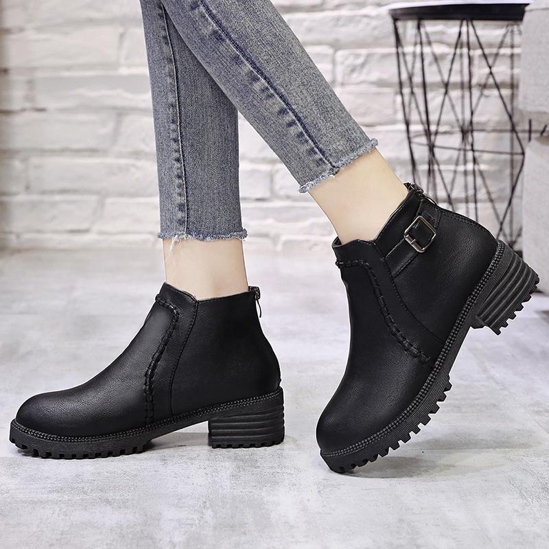 Fashion Fashion Women's Ankle Boot Zipper Low Chunky Heels Vintage Leather Shoes for Women Buckle Strap Round Toe Casual Short Boots 43