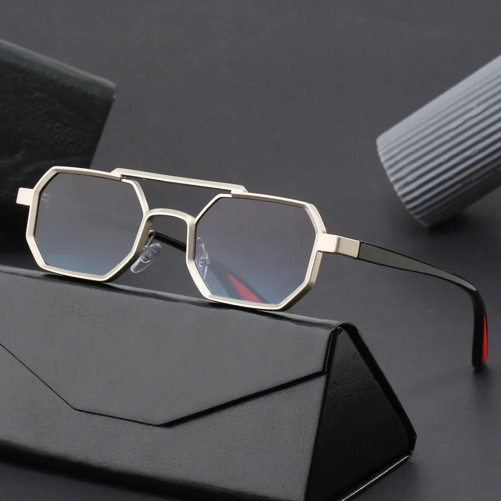 Retro Double Bridges Men Polygon Small Square Sunglasses Fashion Clear Ocean Gradient Lens Eyewear Women Metal Frame