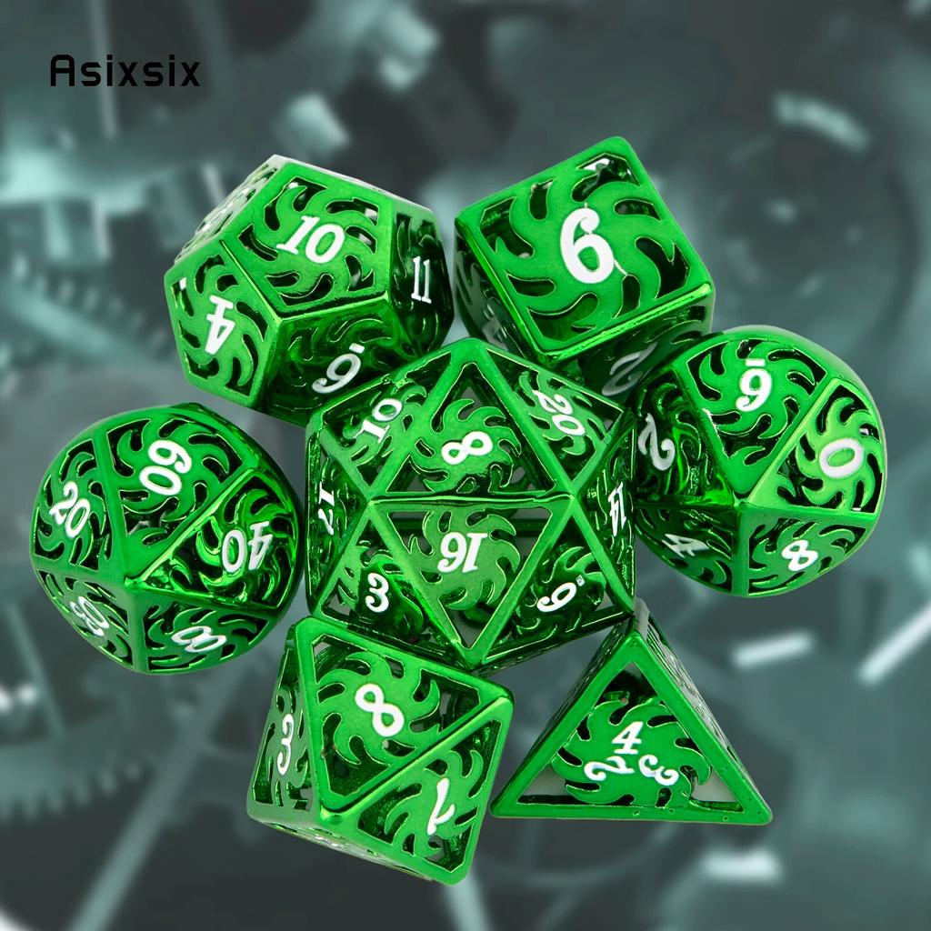 7 Pcs Green White Rotary Windmill Metal Dice Hollow Metal Polyhedral Dice Suitable for Role-Playing RPG Board Game Card Game