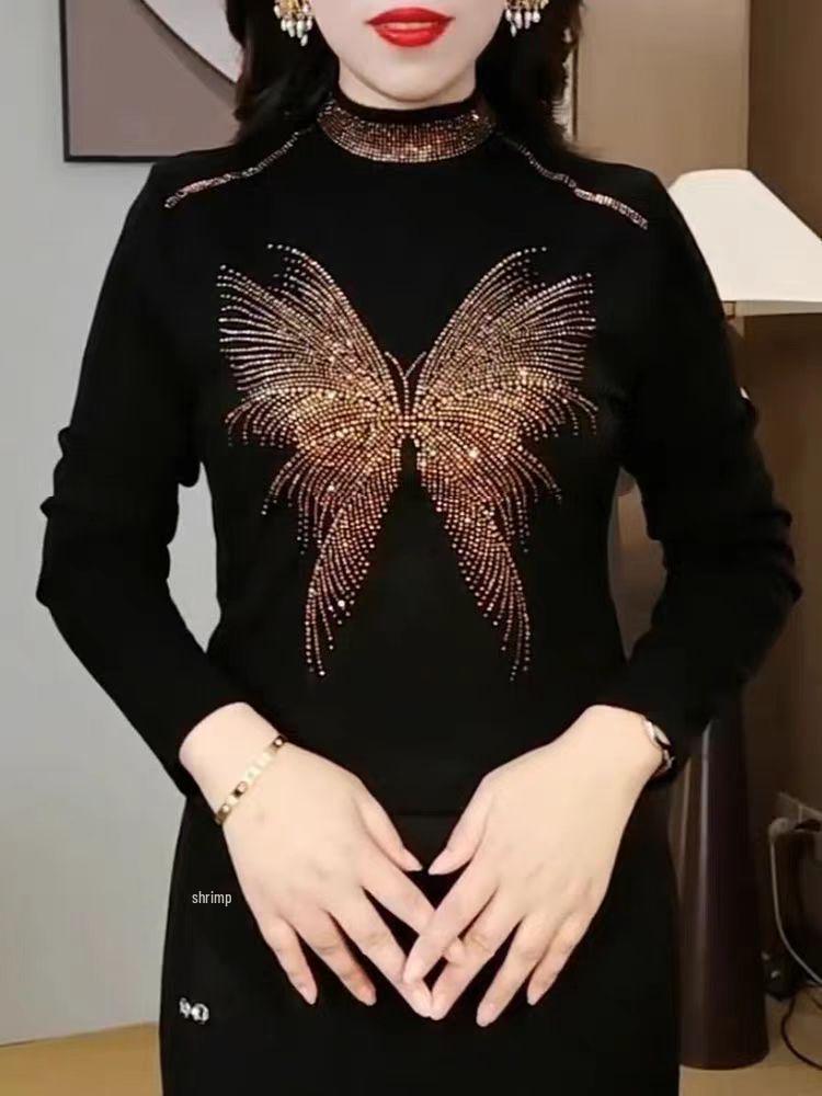 Autumn/Winter Rhinestone Leaf Long-Sleeve Slimming Warm Shirt for Middle-Aged and Elderly Moms