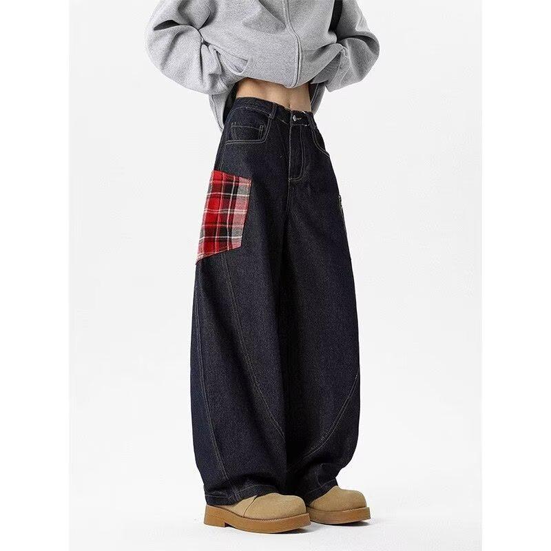 

Мужские джинсы кроп большого размера пэчворк в клетку с широкими штанинами 2025 XXXL