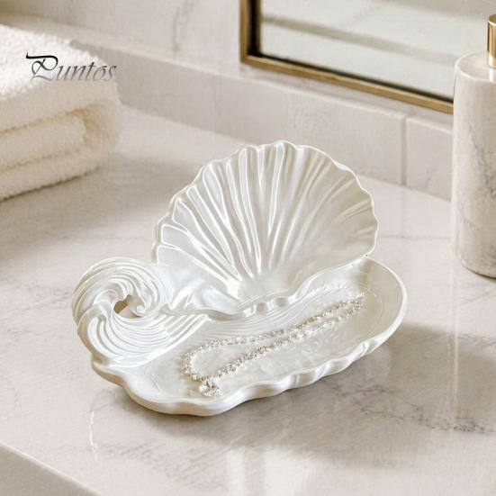 Vassoio porta Aromaterapia Stampa 3D Conchiglia Onda Vassoio Portagioie, Piatto Organizer Bianco Perlescente, Elegante Porta Anelli Accessorio Comodino Camera da Letto Oggetto Decorativo