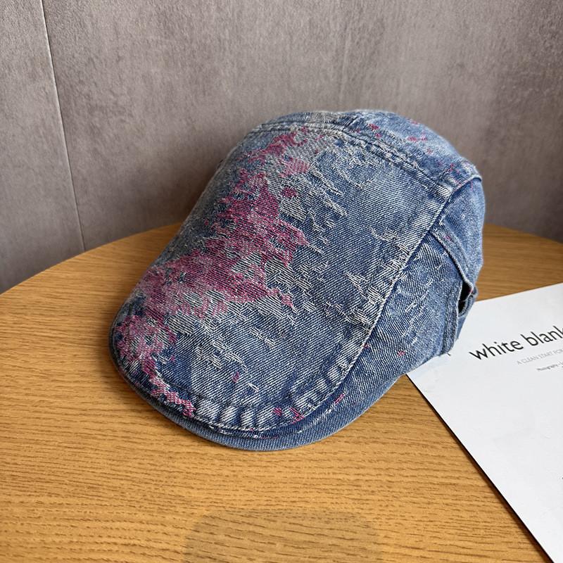 Washed Retro Denim Beret With Pattern Design For Womens Daily Casual Outing