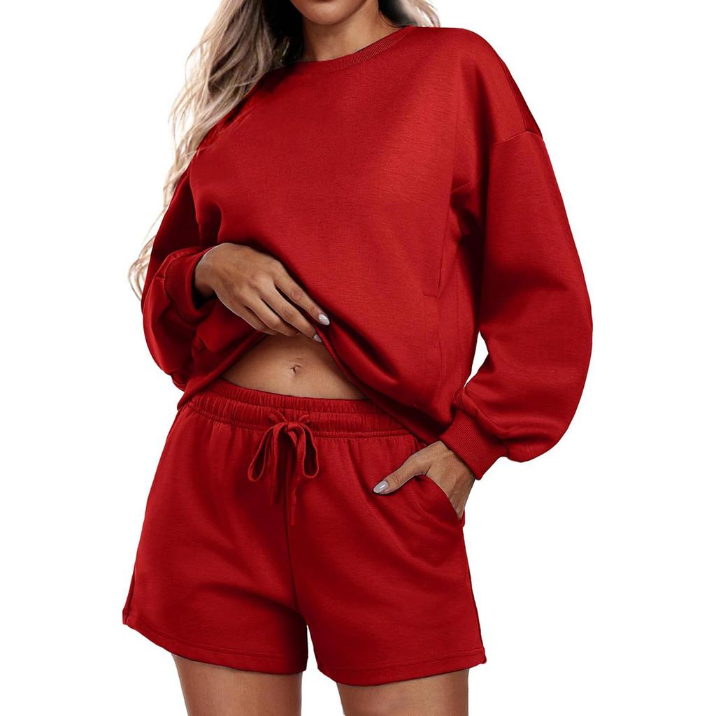 Women's Fashion Sportswear Casual Long-Sleeved Pullover Sweatshirt Drawstring Shorts Set