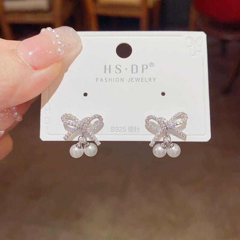 Sweet Bow Knot Pearl Drop Earrings Luxury Niche Design Fashion Jewelry For Women
