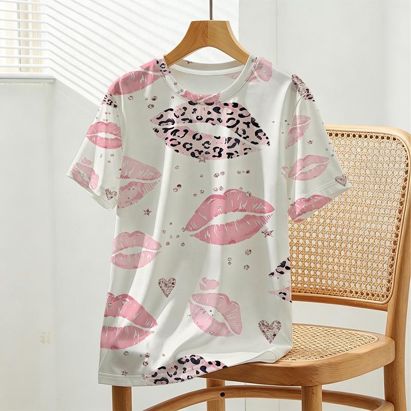 Women's Leopard Lip Print Short Sleeve T-Shirt Soft, Comfortable & Breathable, Stylish Versatile for Daily Wear & Weekend Getaways