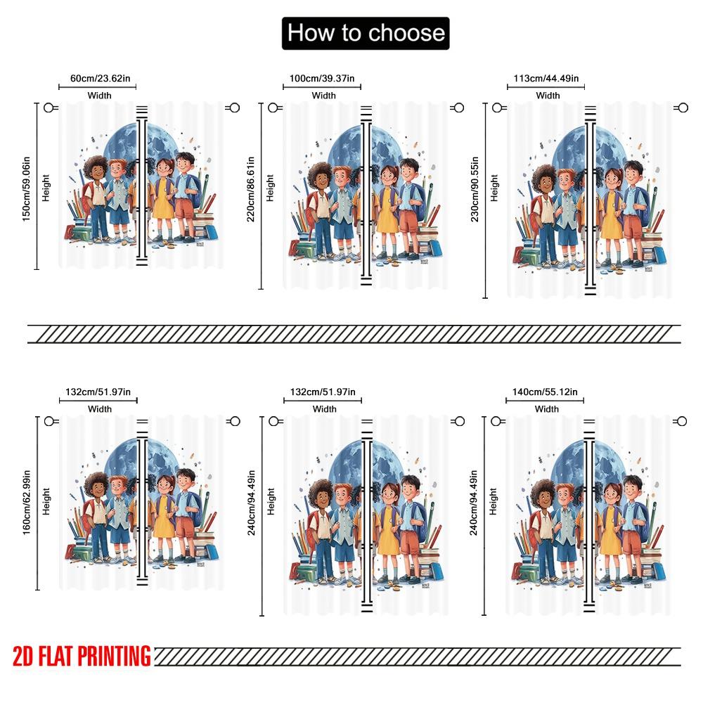 2pcs,2D Plane Printing Light Filtering Curtains Cheerful School Versatile Durable Polyester (without Rod) All Seasons Use for