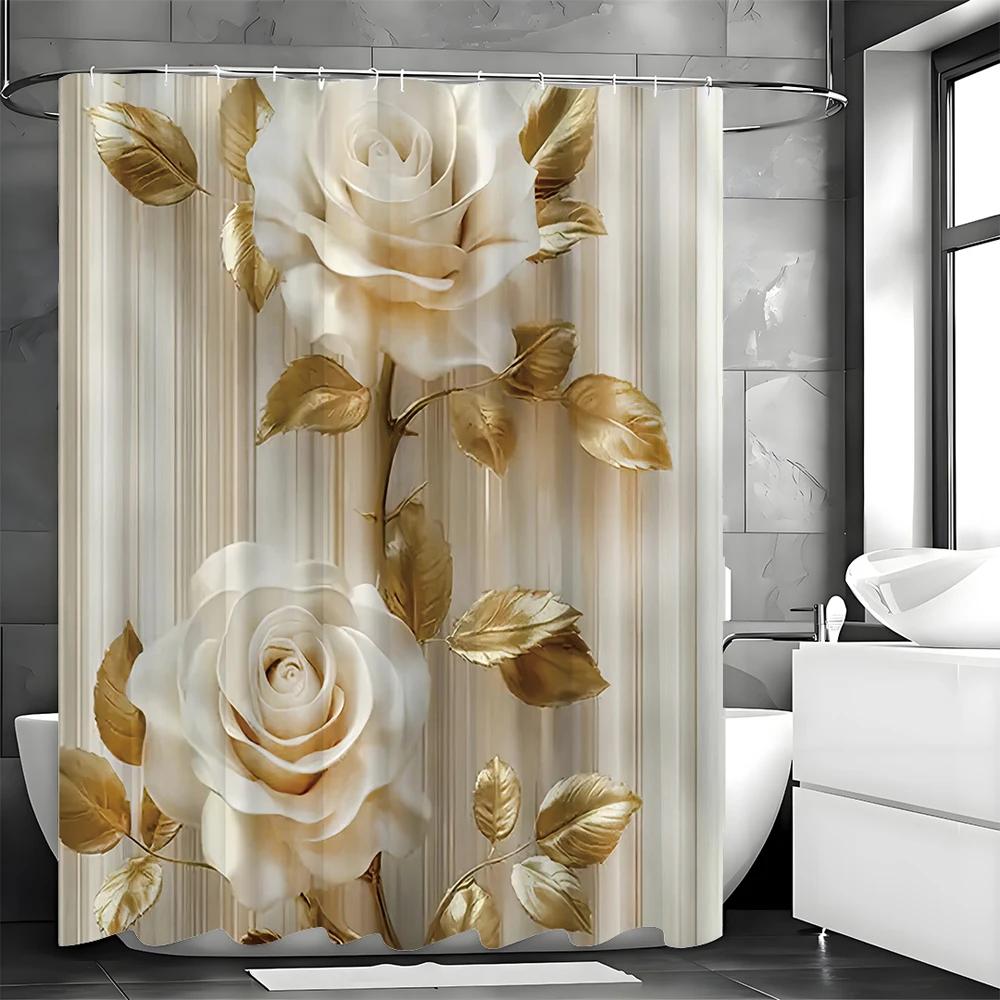 Baifenbai Home Furnishing Gold/White Rose Shower Curtain, Leaf Flower Bathroom Decorative Shower Curtain, Waterproof Shower Curtain With Hooks