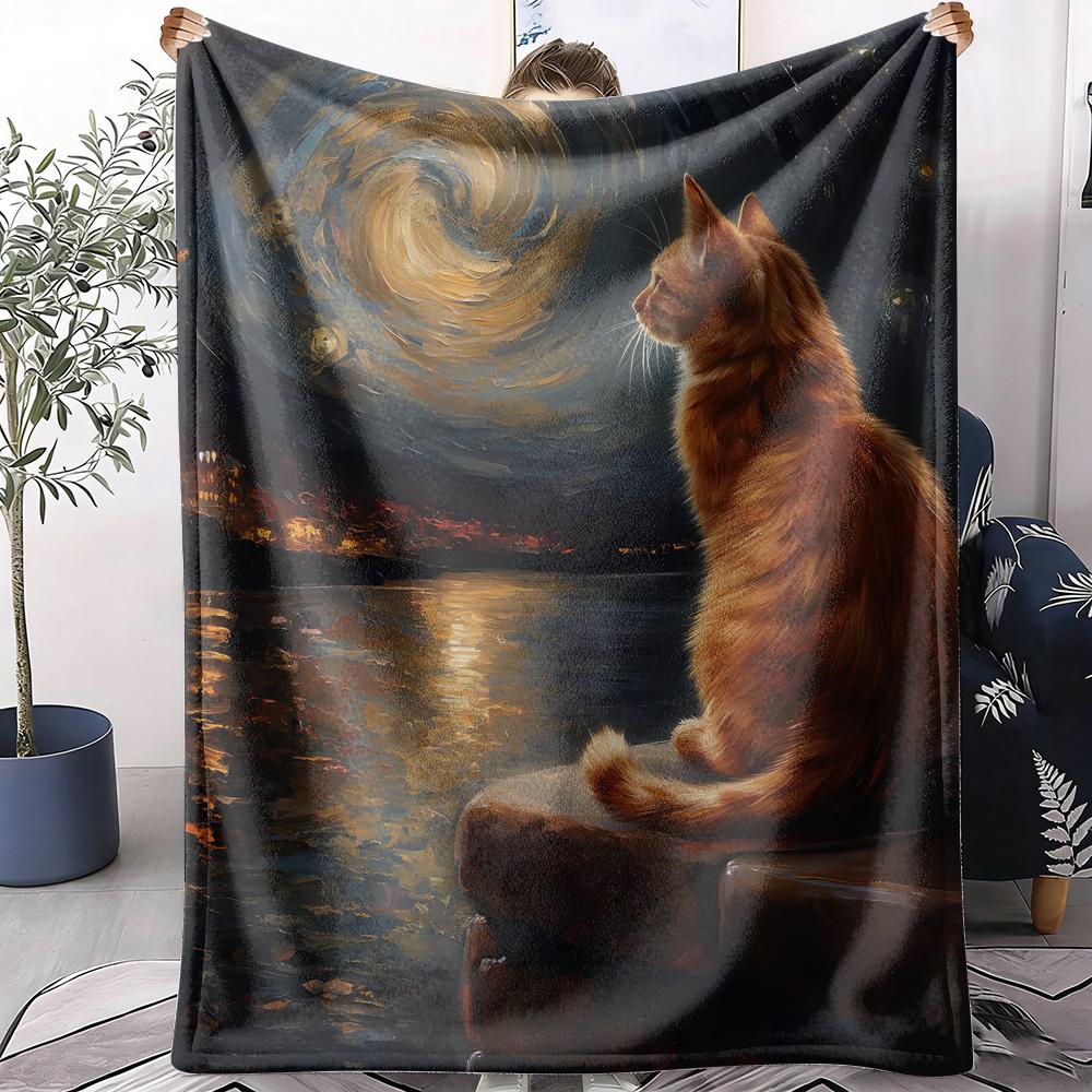 Starry Night And The Cat Throw Soft Flannel AC Blanket Lightweight Summer Nap Throw Cozy  Blanket for Sofa Bed Travel Home