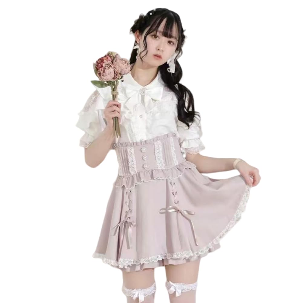 

Топ с коротким рукавом, круглым вырезом, кружевными оборками, милый, в стиле мори-гёрл, со съемным бантом в стиле лолиты, стильный, харадзюку, идеально подходит для осени, один размер, женская блузка, бант, белый