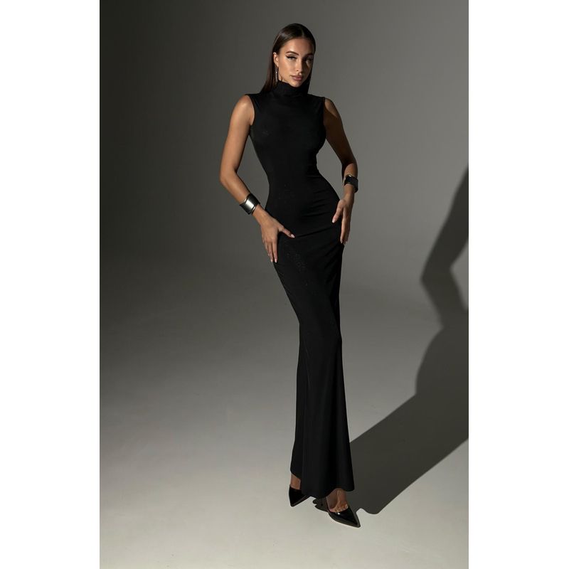 

Fashion Fashion Sexy High-Necked Glossy Dress Sexy Waist Trimming Slimming Sleeveless Vest Sheath Dress Black M
