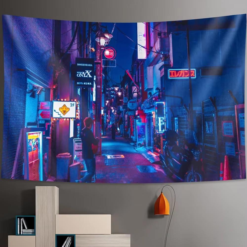 Tokyo Nightlife Cityscape Tapestry, Japanese Metropolitan Wall Hanging For Bedroom Bohemian Hippie Home Decor 40X60cm