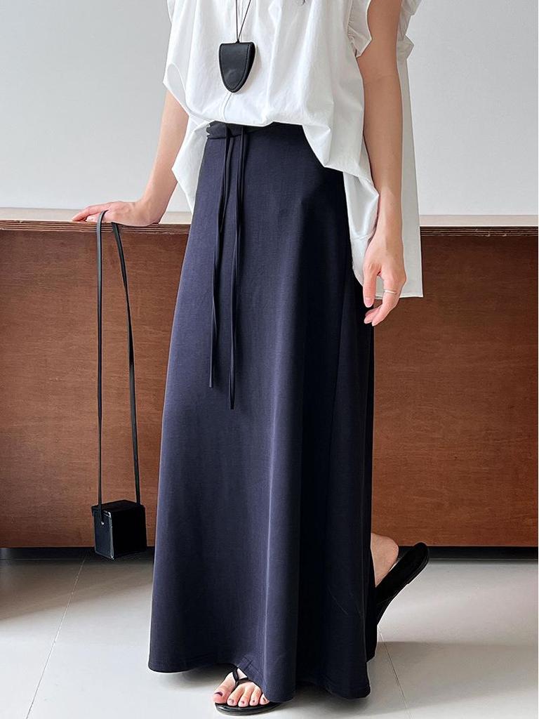 LUXI Korean-Style A-line High Waist Drawstring Maxi Skirt, Summer Casual 2673