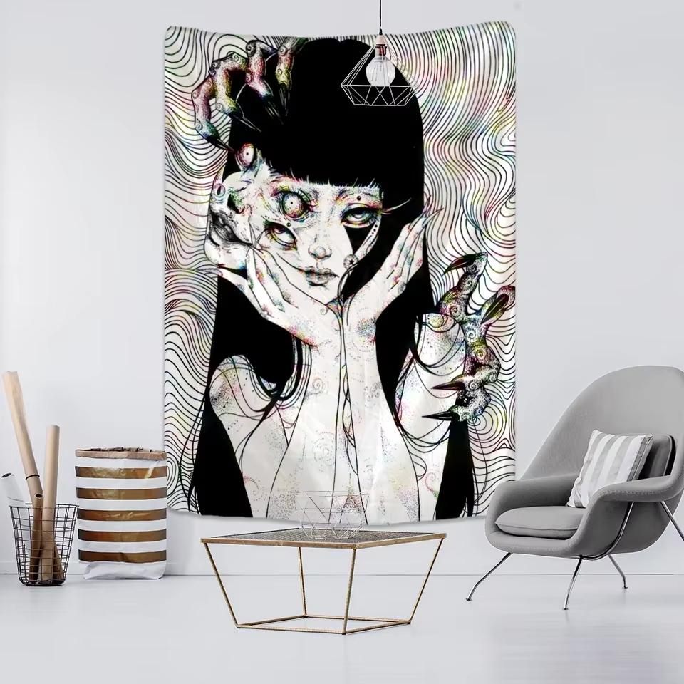 Junji Ito Horror Tapestry Tomie Black White Anime Wall Hanging for Bedroom Living Room Dorm Gothic Room Decoration