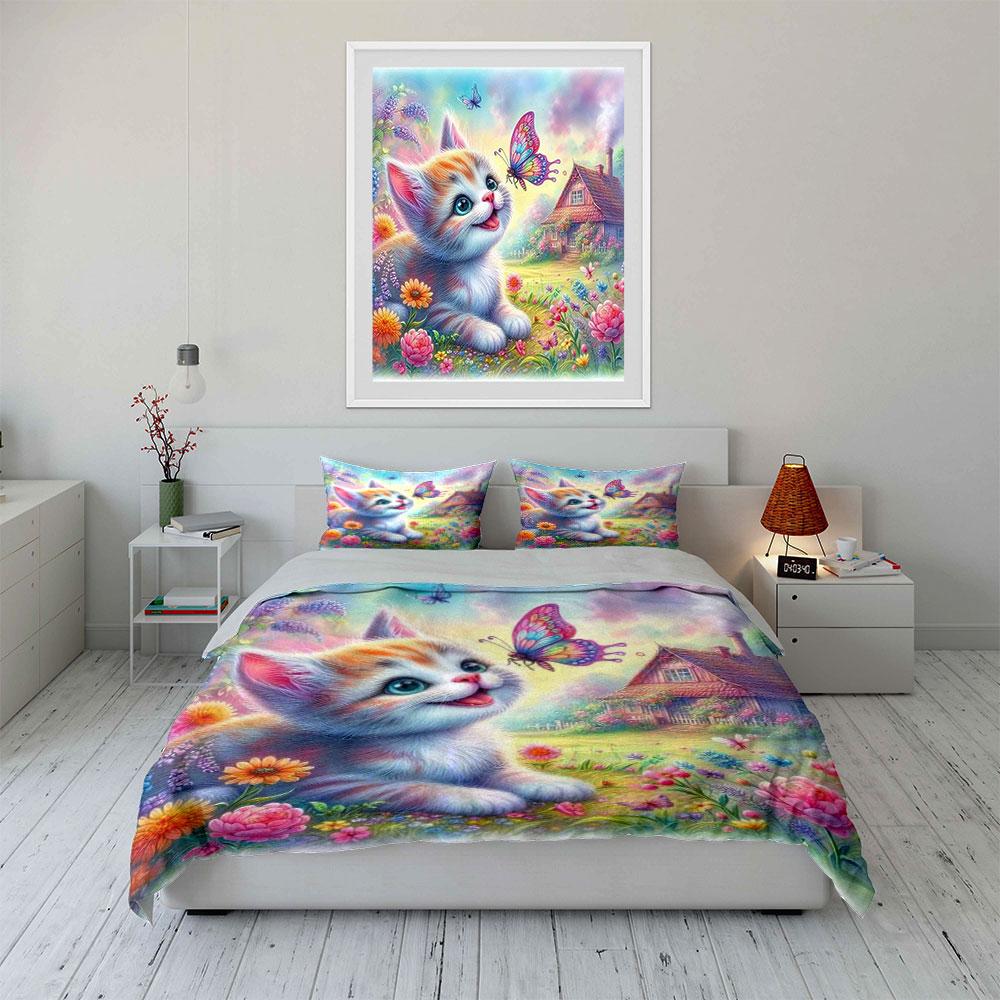 Kitten, Butterfly, Flowers, Cottage. Bedding Sets Duvet Cover Sets Duvet Covers Pillowcases(1*Duvet Cover 2*Pillowcases Without Duvet Insert)