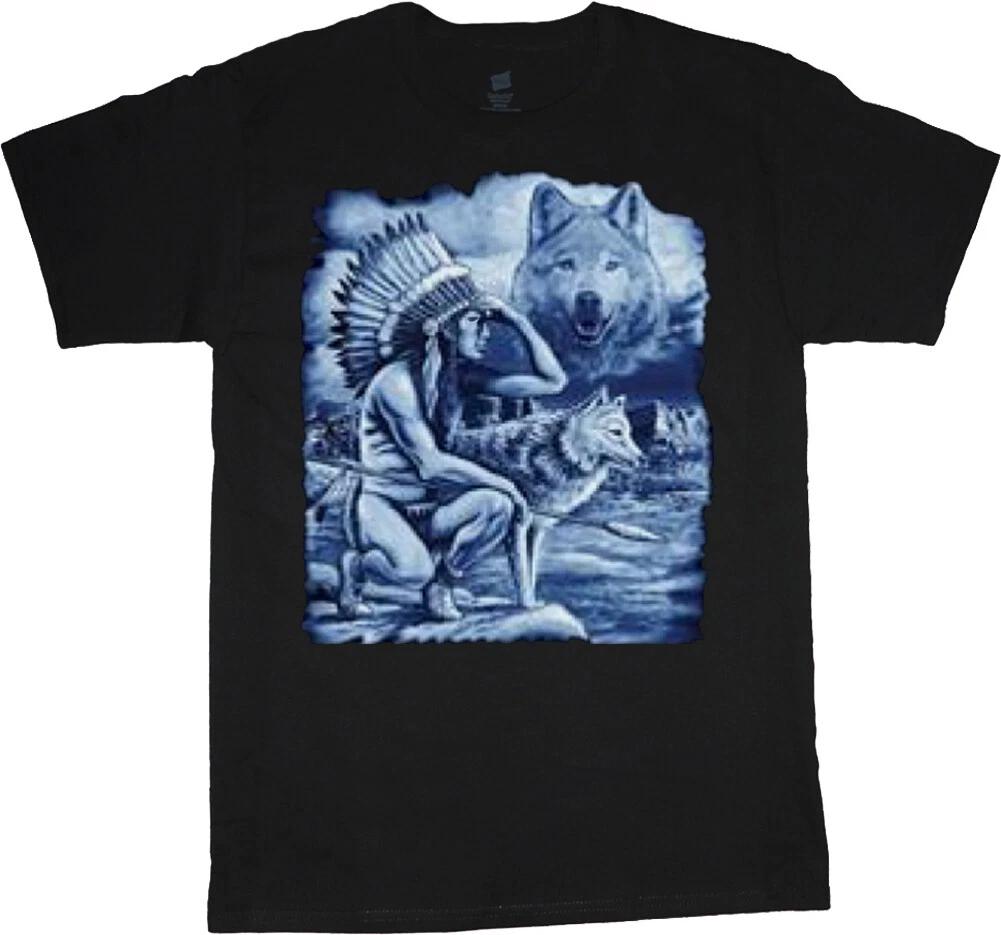 Mens Big and Tall T-shirts Graphic Tee Native American Indian Wolf Shirt XS