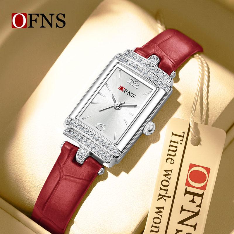 OFNS Women's Luxury Square Leather Strap Watch - Waterproof Quartz with Diamond Detailing