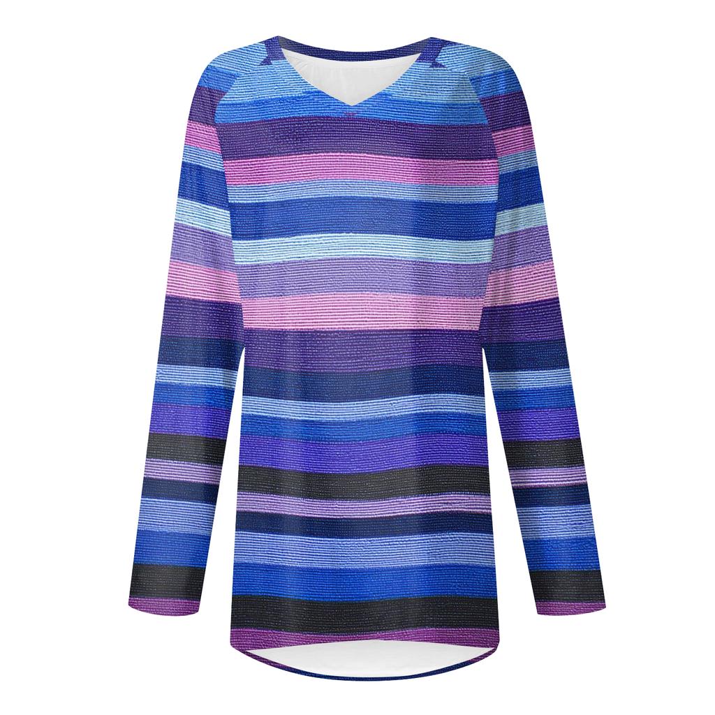 Women's Fashionable Casual Long-Sleeved Striped Print V-Neck Mid-Length Top