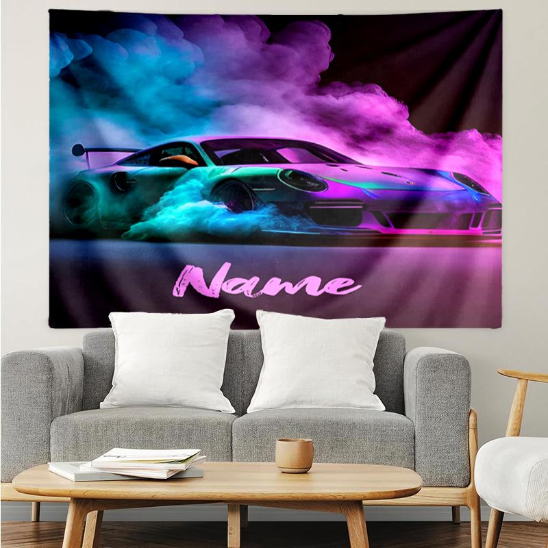 Custom Name Racing Print Tapestry, Backdrop, Easy Setup, Ideal for Bedroom, Office & Living Room, with Aesthetic Wall Hanging Decor.