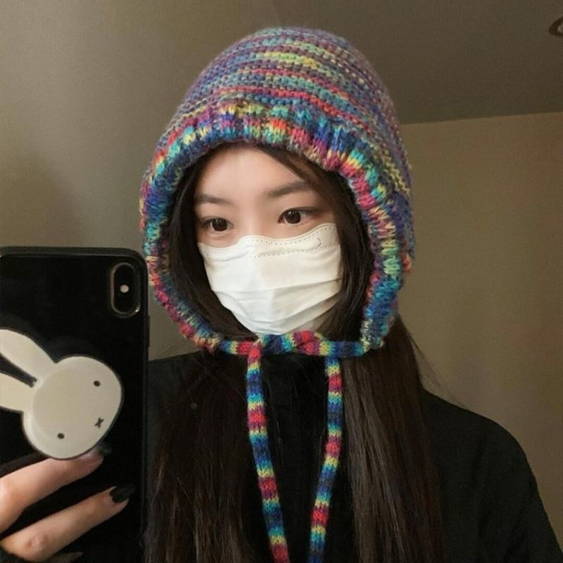 New Rainbow Striped Knitting Beanie Hat Women Girl Winter Warm Crochet Ear Protection Cap