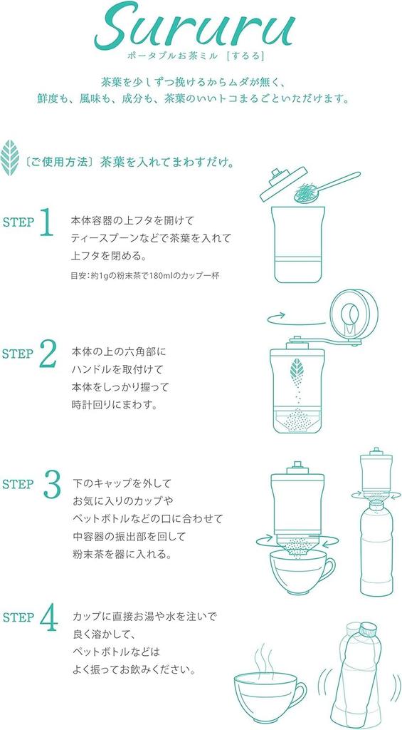 Sururu Portable Tea Mill, Manual Ceramic Mill, for Green Tea, Black Tea, and Roasted Tea, Grinds Whole Tea Leaves to Powder, No Teapot Required,