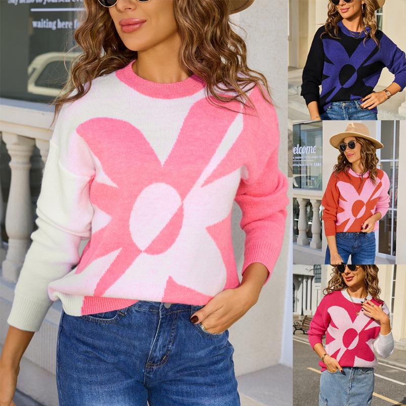 

2025 New Autumn Winter Women s Long-sleeved Flower Splicing Fashionable Versatile Knitted Pullover Sweater S белый