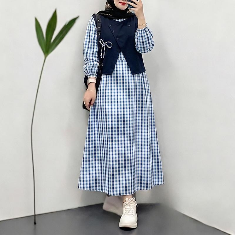 ZANZEA Women Casual Round Neck Long Sleeve Patchwork Plaid Print Dress