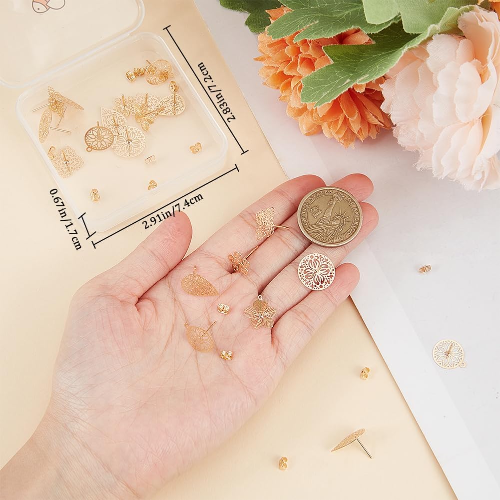 Beebeecraft 1 Коробка 24 шт. 6 Стилей Основы для серег-гвоздиков Позолоченные 18K Золотые Бохо Квадратные Плоские Круглые Цветы Капли Полые Гвоздики Серьги с Ушками