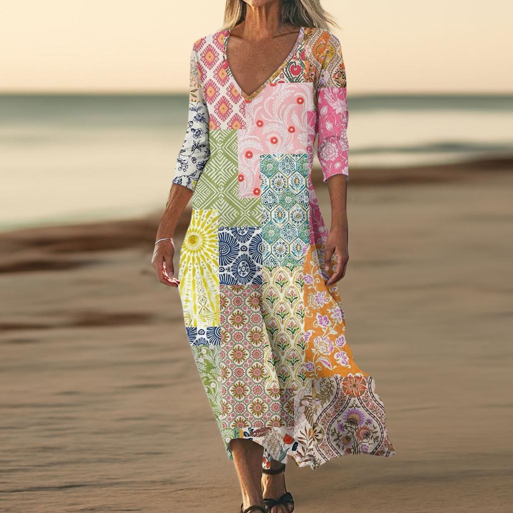 Dresses For Womens Vintage Print Tunic Waisted Midi Dress Summer Casual  3/4 Sleeve Dress