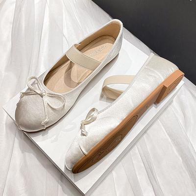 Bow Silk Satin Mary Jane Ballet Women's Single Shoes