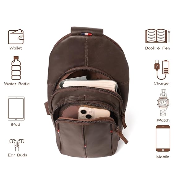 Genuine Leather Chest Sling Bag Crossbody Shoulder Backpack Unisex Adjustable Strap Multi Pocket Travel Office Daily Use