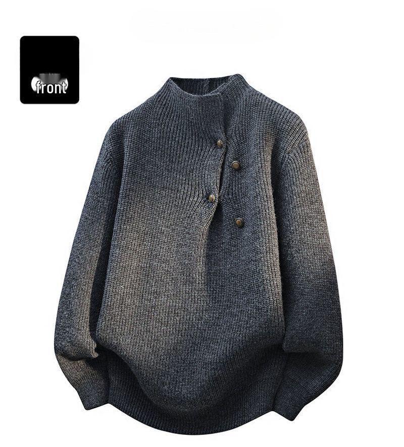 2025 Button-Design High Neck Gray Knit Sweater: Retro Loose Fit for Autumn/Winter