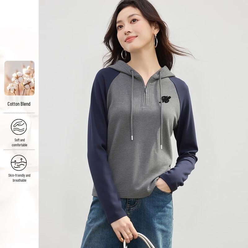 HSTYLE Women s Color-Block Embroidered Hooded T-Shirt M