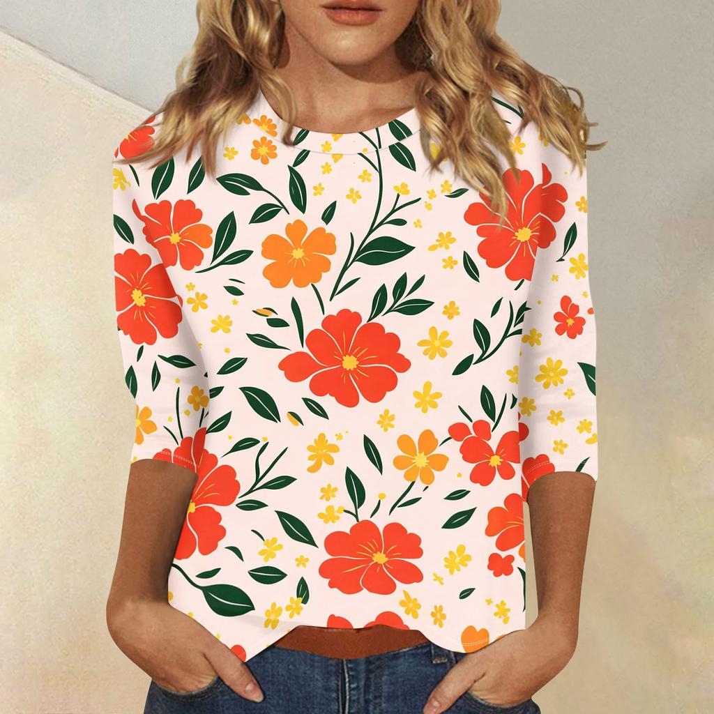 Damen Lässiges Blumenmuster Oberteil Dreiviertelarm Rundhals Bluse Leicht Bequeme Passform Stilvolles Design
