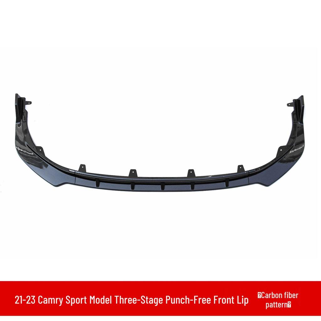 Compatible Accessories for 2021-2023 Toyota Camry: Front Lip, Rear Spoiler, Roof Spoiler, Side Skirts, Rear Bumper Corners, and Louvers.