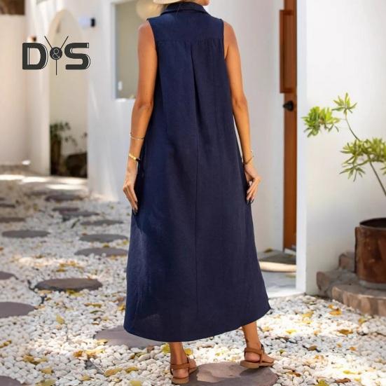 Women's Cotton Linen Maxi Dress Casual V-Neck Sleeveless Loose Tank Dress Summer Beach Long Split Sundress