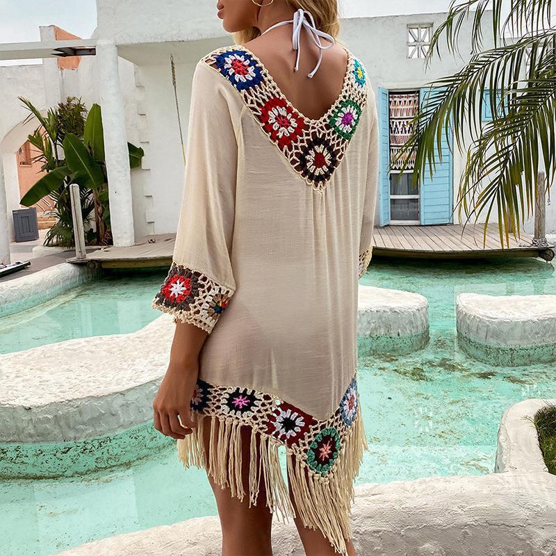 Off-the-shoulder Three-quarter Sleeve Hook Flower Stitching Irregular Tassel Beach Sun-proof Blouse Ethnic Style Dress