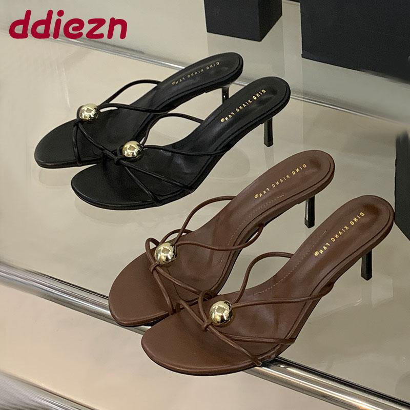 Fashion Fashion Metal Footwear Thin Heels Slippers Shoes For Women 2025 New Round Toe Ladies High Heels Slippers Female Slides Sandals