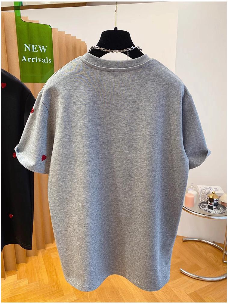 Heart Embroidery Women's European Style T-shirt - Short Sleeve, Loose Fit, Pure Cotton, 2025 Spring Collection