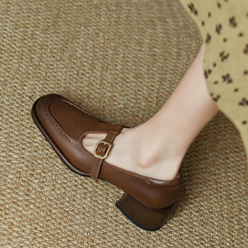 2026 Lente Nieuwe Dames Schoenen Bruine T-band Leer Schoenen Dames Pumps Dames Hoge Hak Schoenen Ronde Neus Retro Schoenen Vrouw Casual